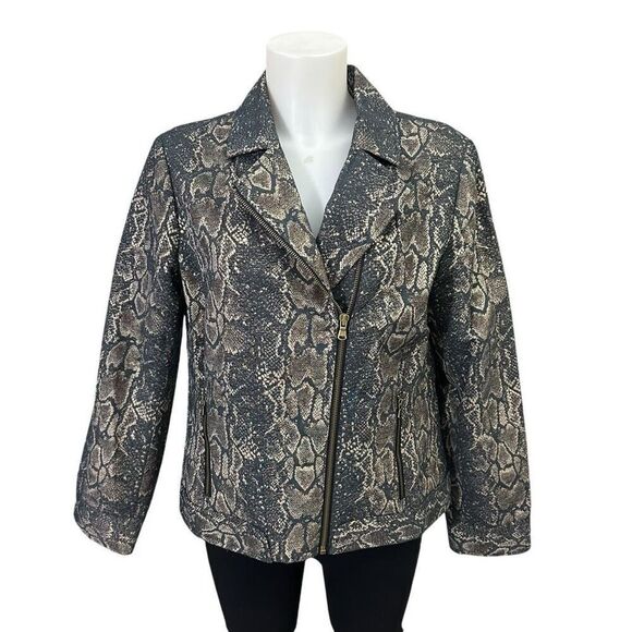 Chicos Snakeskin‎ Metallic Print Asymmetric Zip Moto Jacket Size 1 (M/8) - Picture 3 of 10